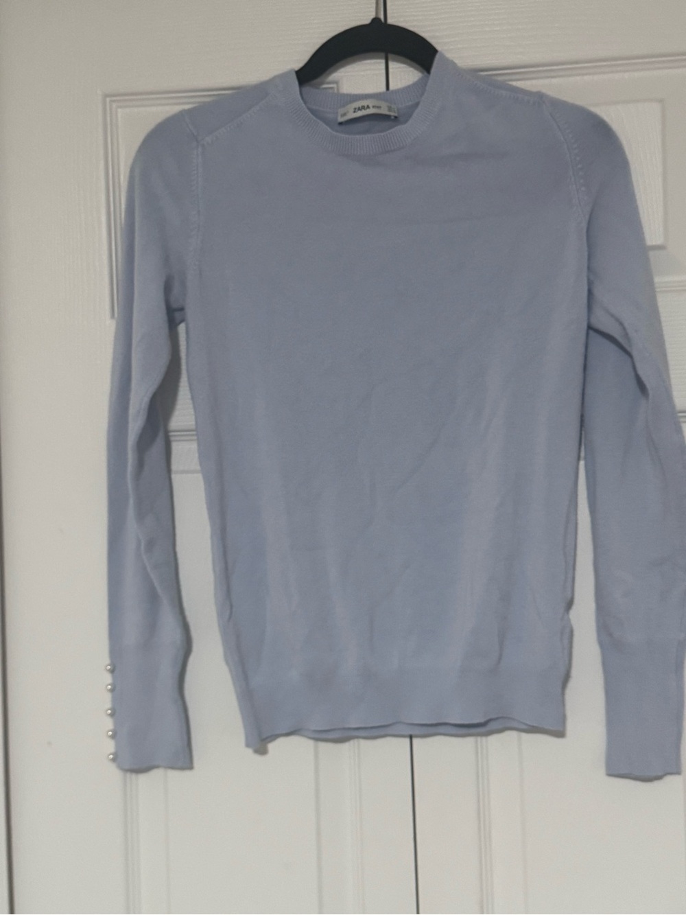 Zara Men’s Pastel Blue Crewneck Sweater with Pearl-Cuff Detail